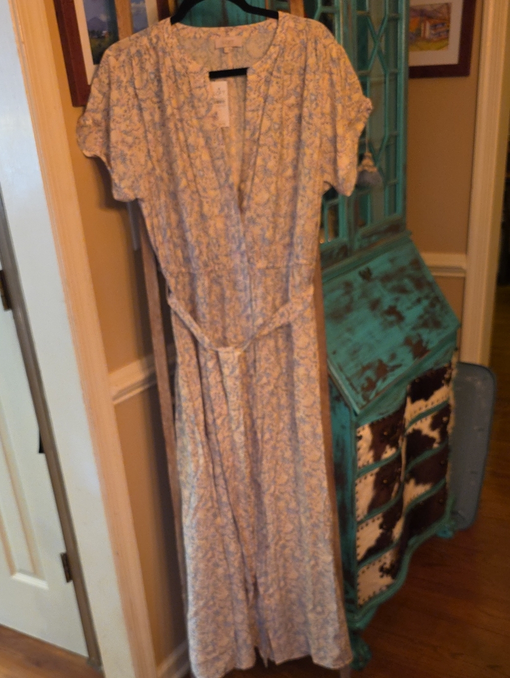 LOFT - Light Blue Floral Maxi Dress with Tie Waist - Size L